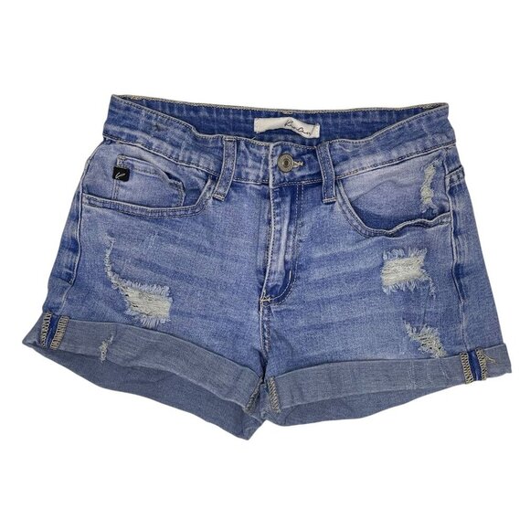 KanCan Distressed Jean Shorts 3 25 Rolled Cuff High Rise Waist Blue Denim - Picture 1 of 3